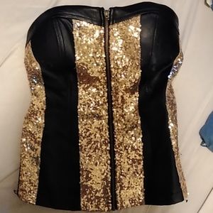 Black and gold leather and sequin corset top
